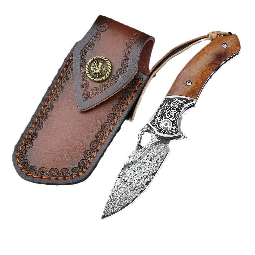 Outdoor knife VG-10 Damascus steel folding knife collection camping field sand iron wood color shell folding knife Outdoor knife VG-10 Damascus steel folding knife collection camping field sand iron wood color shell folding knife