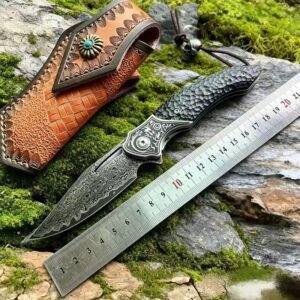 Hammered Outdoor Folding Knife With Leather Sheath