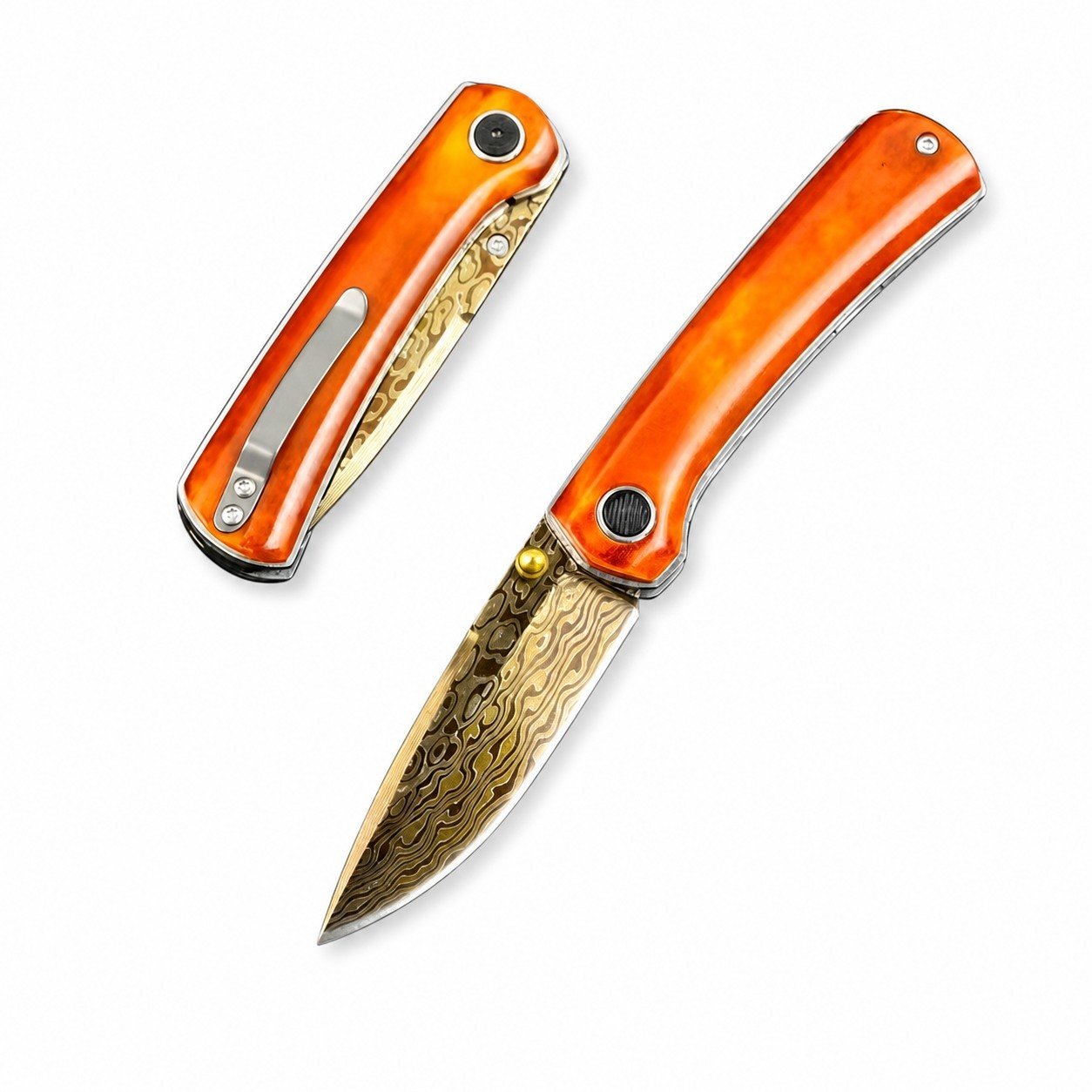 45802-main-white-clean.jpg Extreme 2 Carbon Steel Damascus Blue-Finished Red Bone Folding Knife